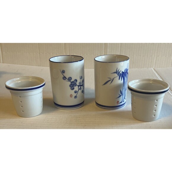World Market Asian Inspired Tea Cups Infusers Set/2 Blue White Floral No Lids - Picture 5 of 8